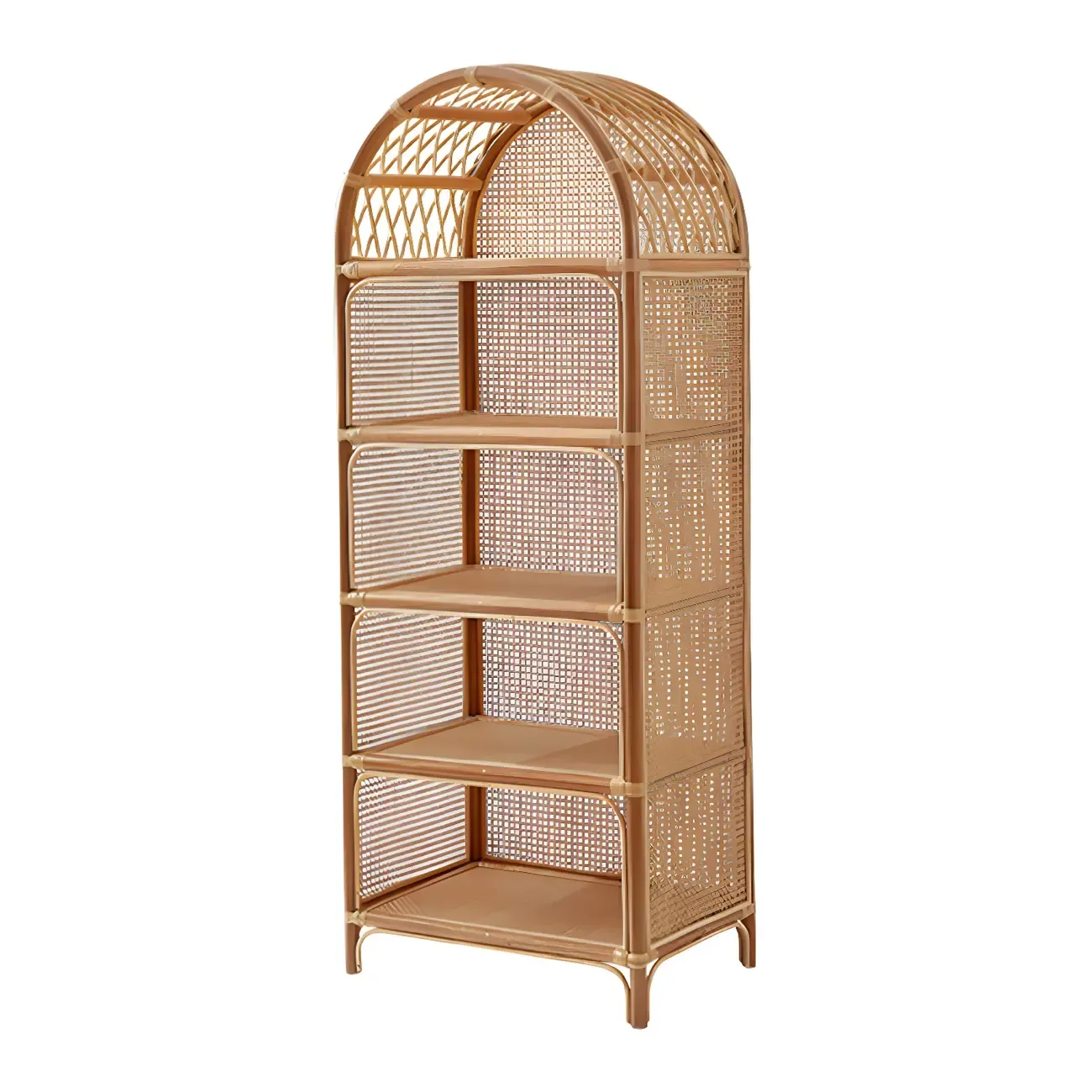 Light Wood Arch Rattan Bookshelf 5-Tier Bookcase