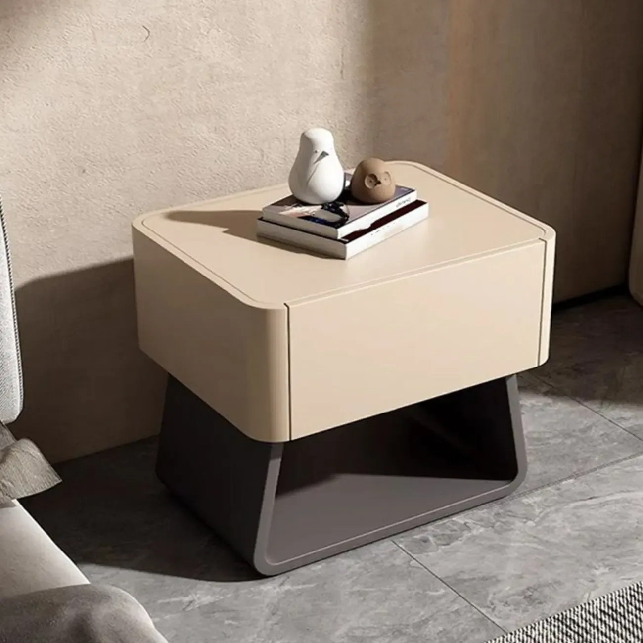 Modern Milky Gray/ White Low Wooden Drawer Nightstand