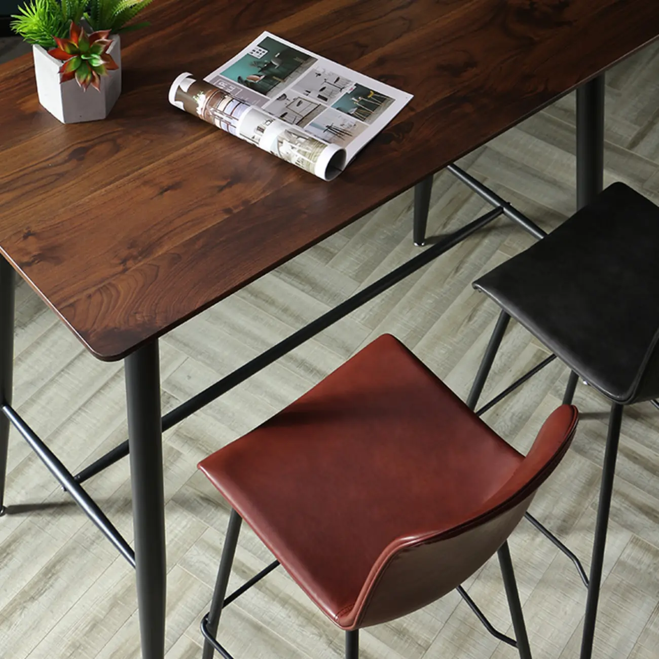 Industrial Metal Frame Leather Bar Stool with Footrest