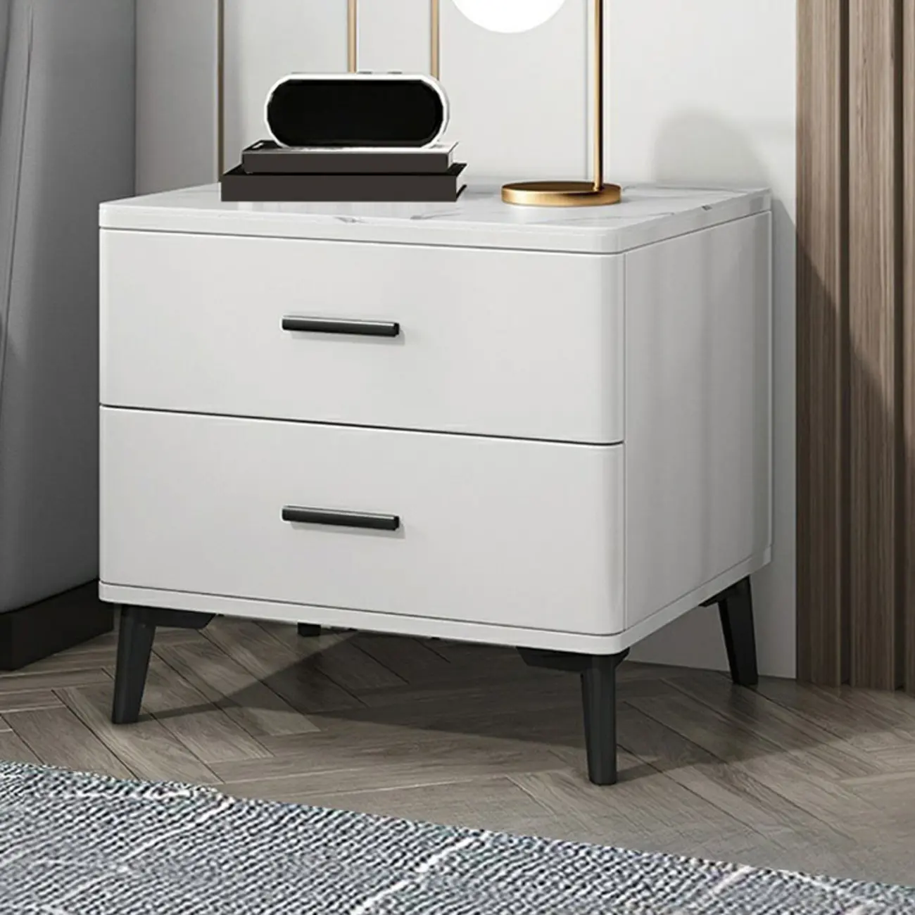 Modern White Stone Top Oak 2-Drawer Nightstand