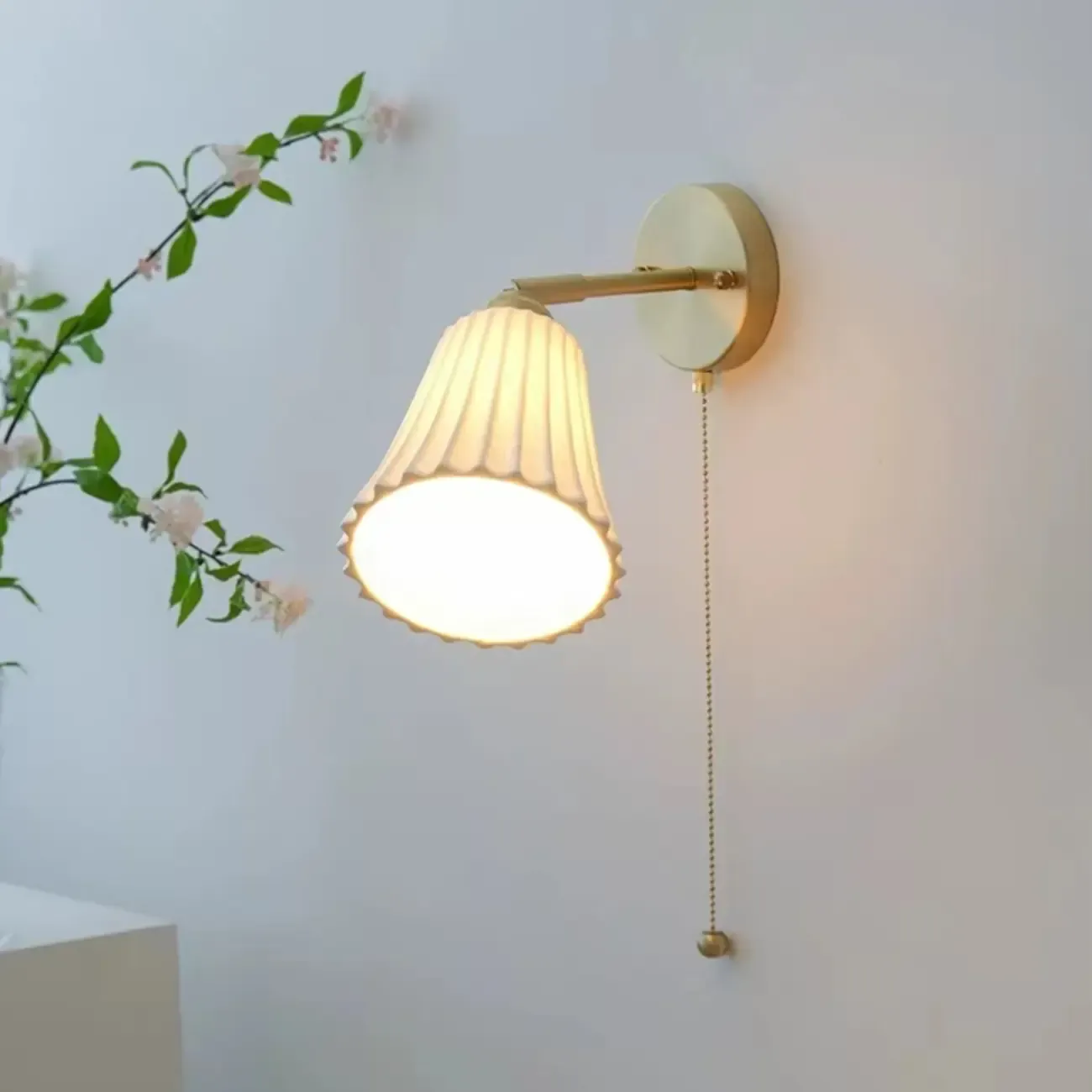 Modern White Wall Sconce with Ceramic Shade and Pull Chain