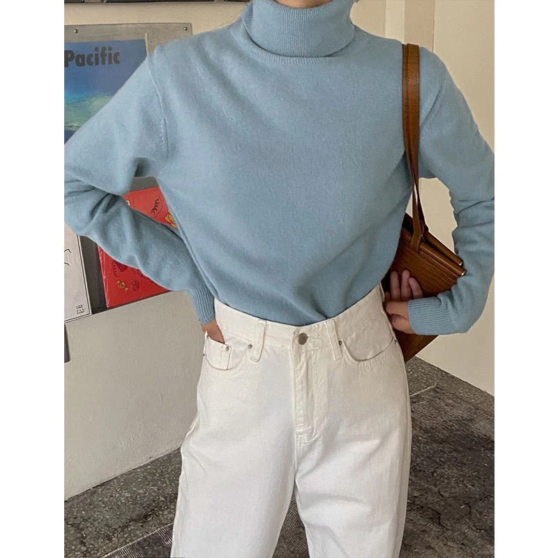 Hulianfu Winter High Quality Wwomen's Wool Sweater Solid Color High-neck Pullover Long-sleeved Knit Top - Deanwangkt