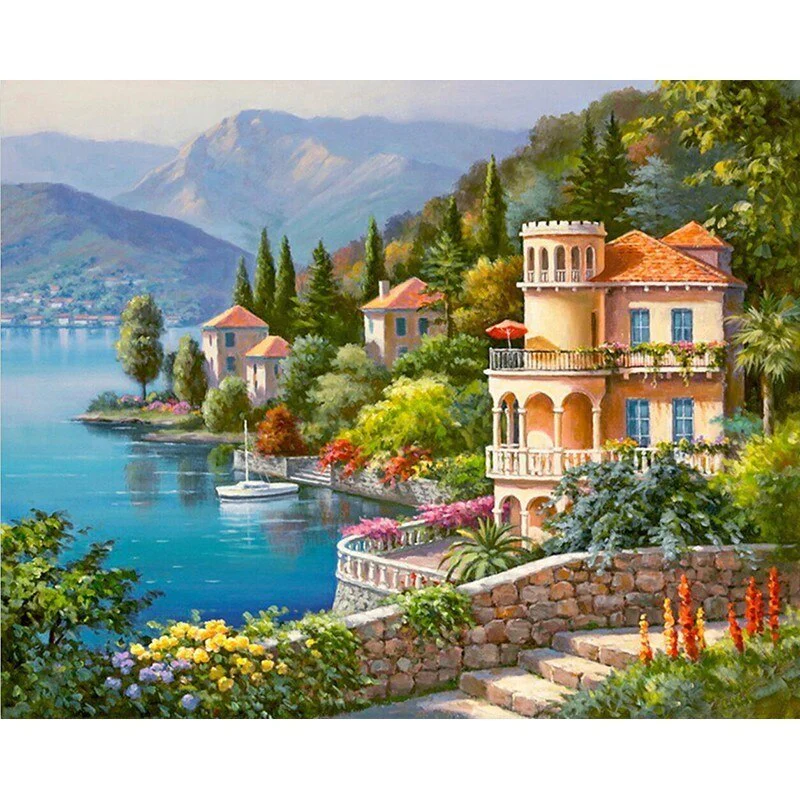HULIANFU Villa Scenery DIY 5D Diamond Painting Full Round Resin Mosaic Landscape Diamond Embroidery Picture Rhinestone Home Decor Gift - Deanwangkt