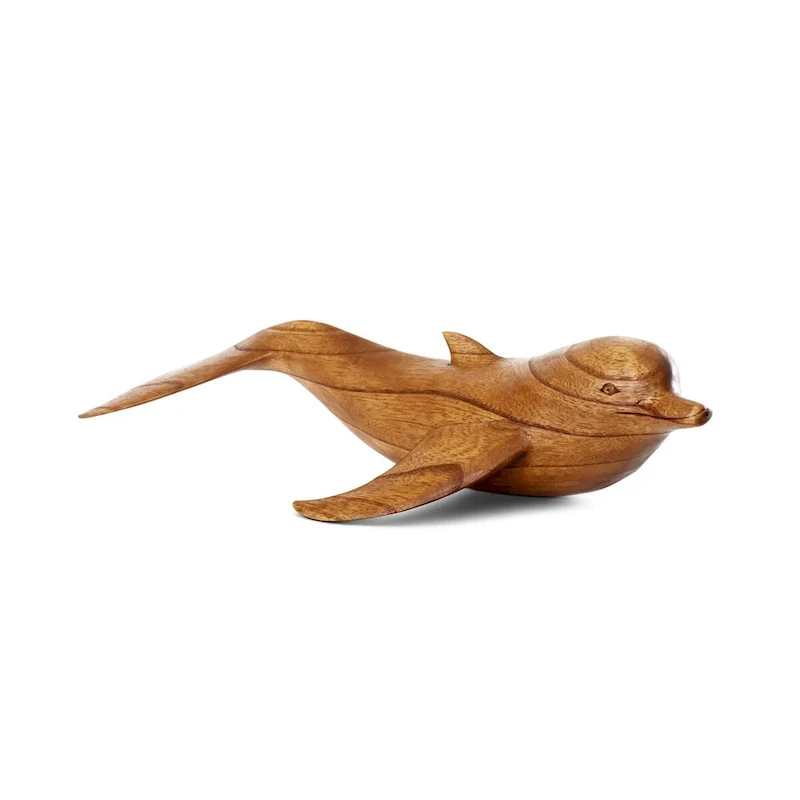 Wooden Hand Carved Swimming Dolphin Statue Sculpture Wood Decorative Home Decor Figurine Handcrafted Handmade Seaside Tropica