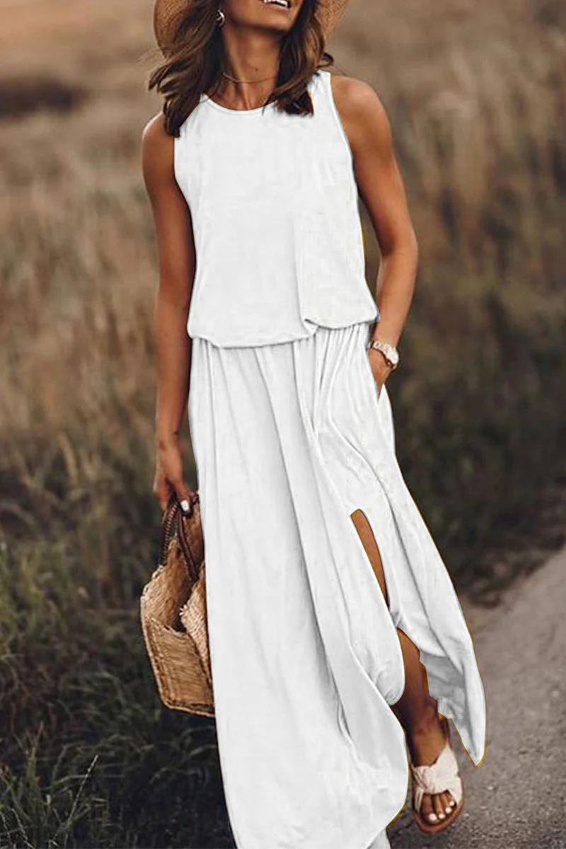 hulianfu Fashion Casual Solid Patchwork Slit O Neck Waist Skirt Dresses(8 Colors) - Deanwangkt