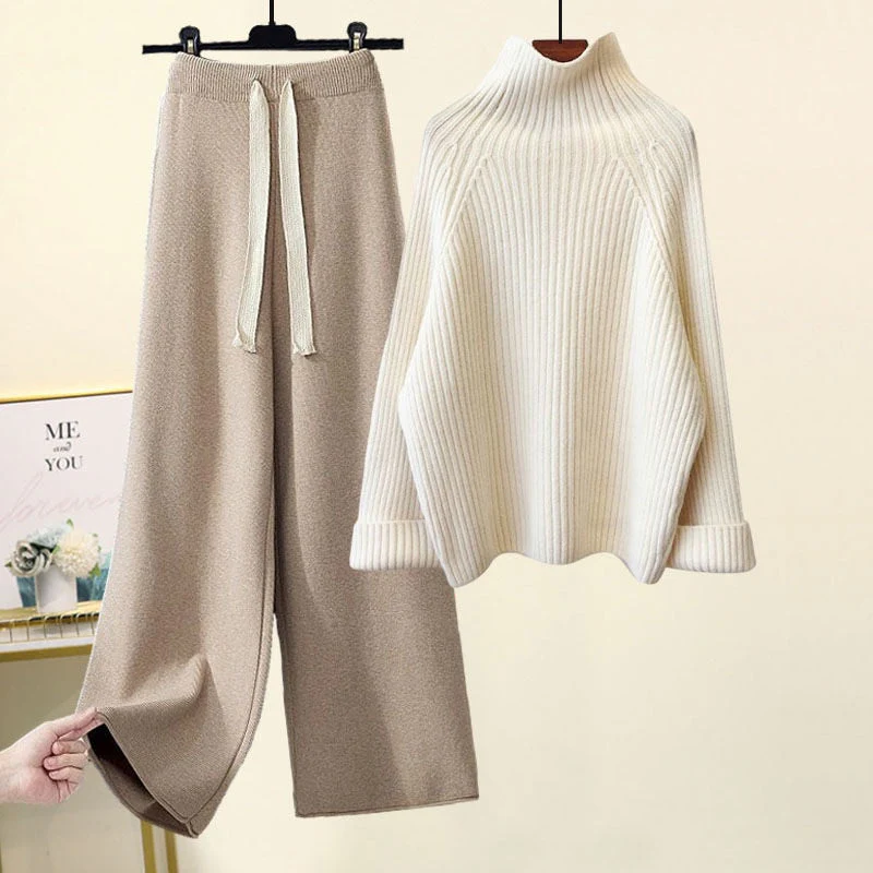 Hulianfu Autumn Winter Warm Knitted Suit Women Long Sleeve Half Turtleneck Knitting Sweater And Wide Leg Pants Sets Outer Wear Loose Set - Deanwangkt