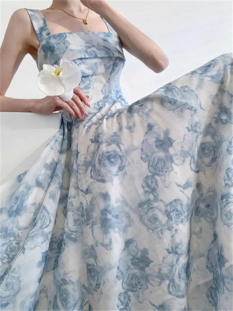 Hulianfu Print Dress for Women 2026  Fashion Fairycore Spaghetti Strap Summer Dress Chic Elegant Square Collar Slim Midi Dress - Deanwangkt