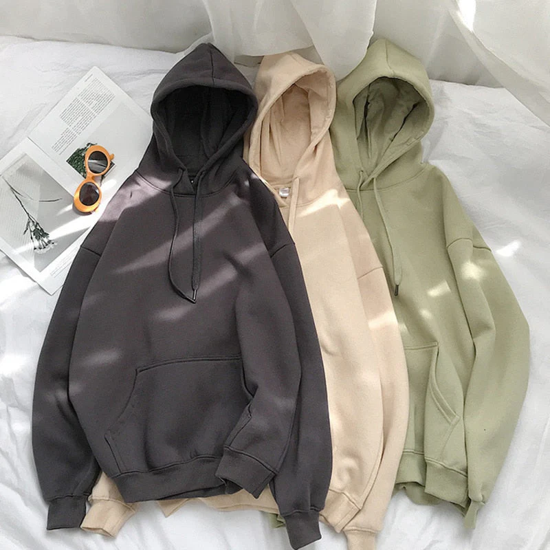 hulianfu Woman's Sweatshirts Solid Drop Shoulder Korean Female Hooded Pullovers  Thicken Warm Oversized Hoodies Women - Deanwangkt