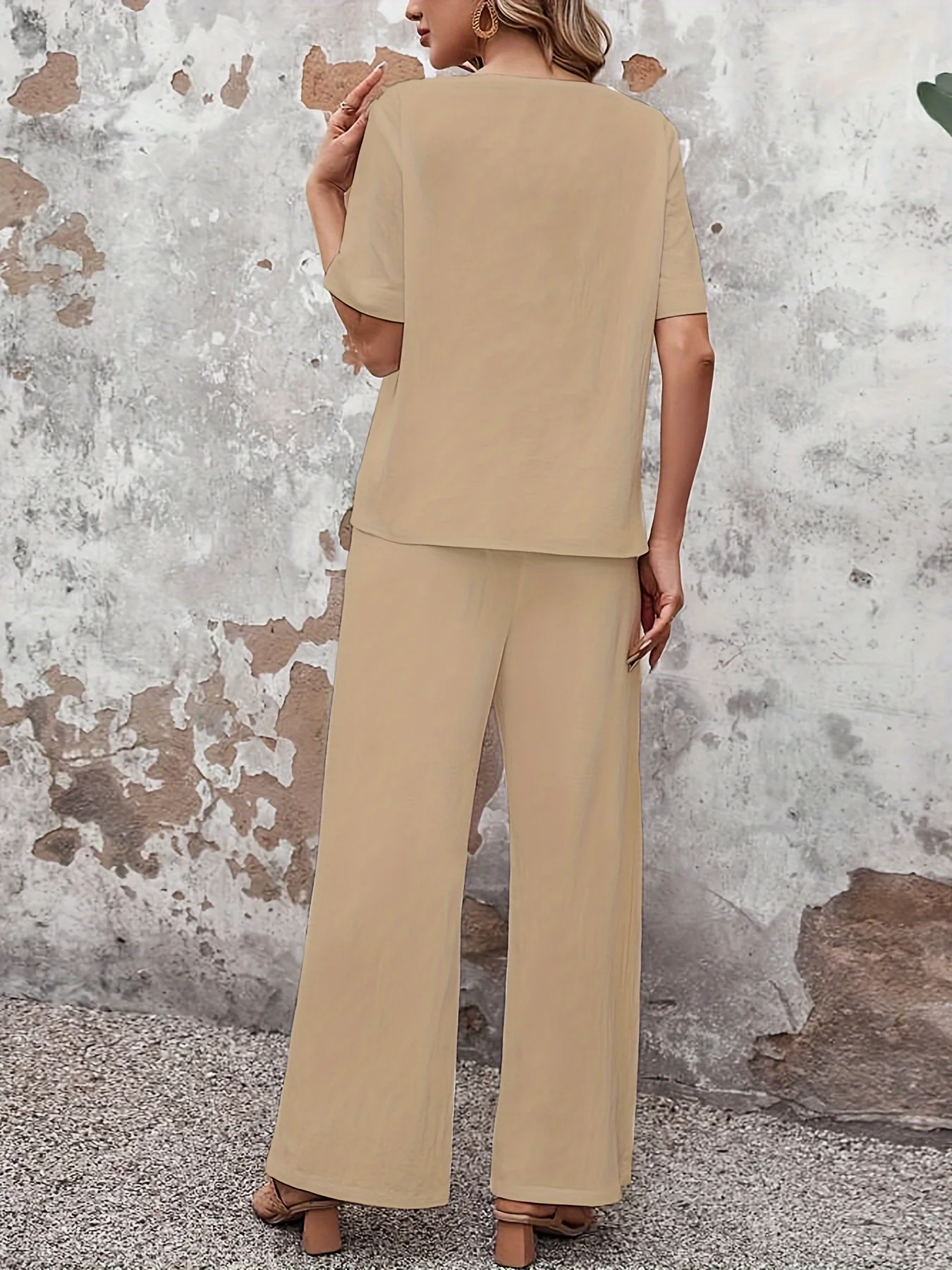 Two-Piece Elegant Crew Neck Short Sleeve Top and Split Wide Leg Pants Set - Soft Micro Elastic Polyester Fabric, Solid Color, and Classic Style for Spring/Summer - Womens Clothing Outfit - Deanwangkt