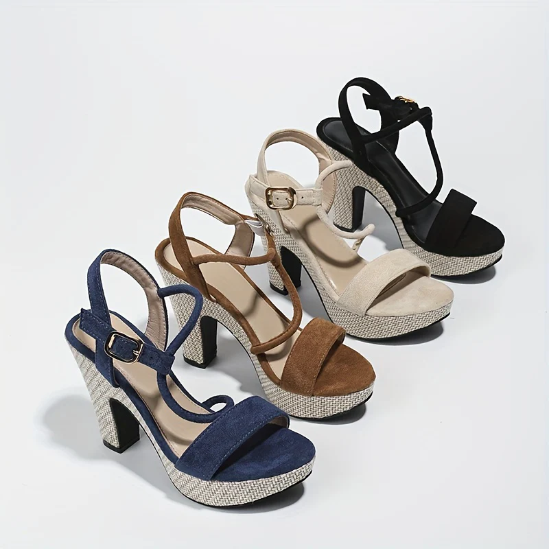 Stylish Linen Slingback Sandals - Open-Toe, Block Heeled, Ankle Buckle Strap, Platform High Heels, Fashionable, Comfortable, Summer Essential, Perfect for Outdoor Activities - Deanwangkt
