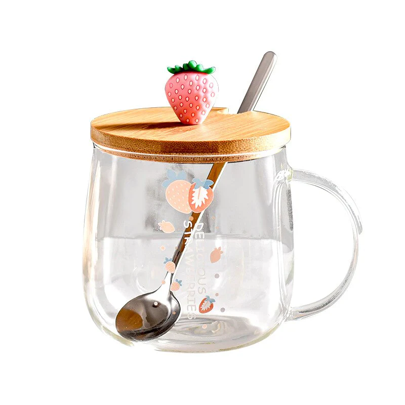 HULIANFU Novelty 3d Lid Cartoon Strawberry Cute Water Glass Transparent Milk Juice Drinkware Cup Mug Drinking Borosilicate Glasses Coffee - Deanwangkt
