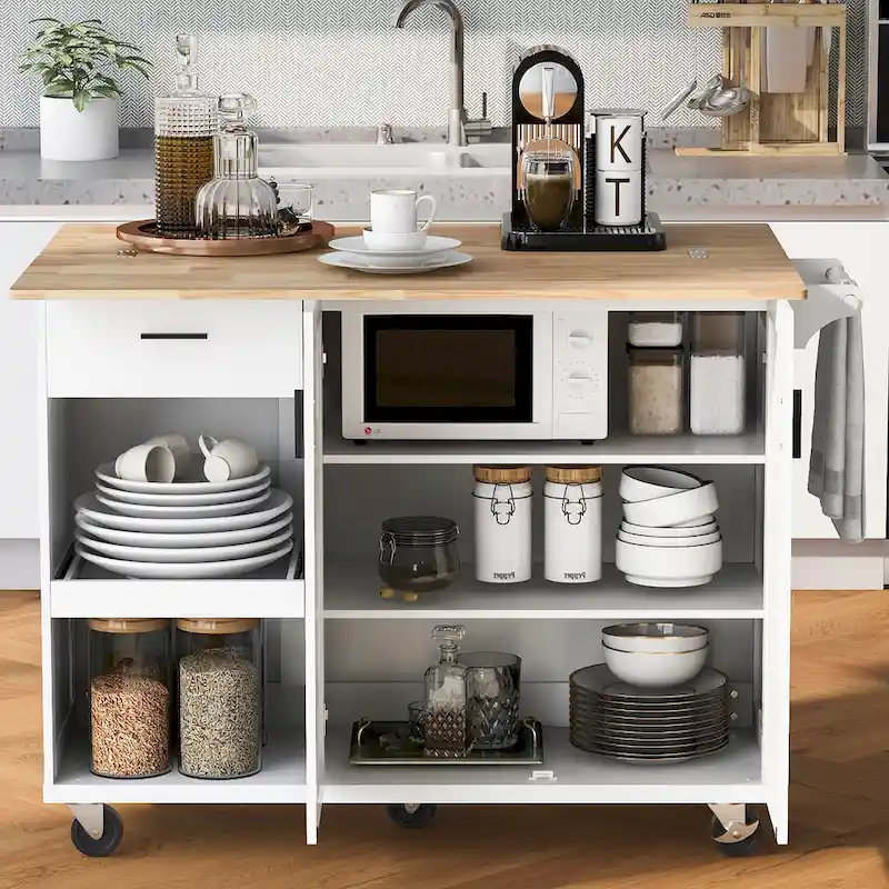 Rolling Kitchen Island w/ Foldable Counter Top,Towel Rack and Drawer