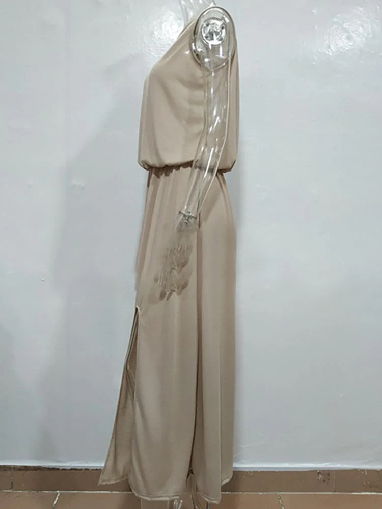hulianfu Summer Solid Long Dress Women Casual Sleeveless Elastic Waist Side Slit Maxi Dresses Female O-Neck Loose Tank Dress Sundress - Deanwangkt