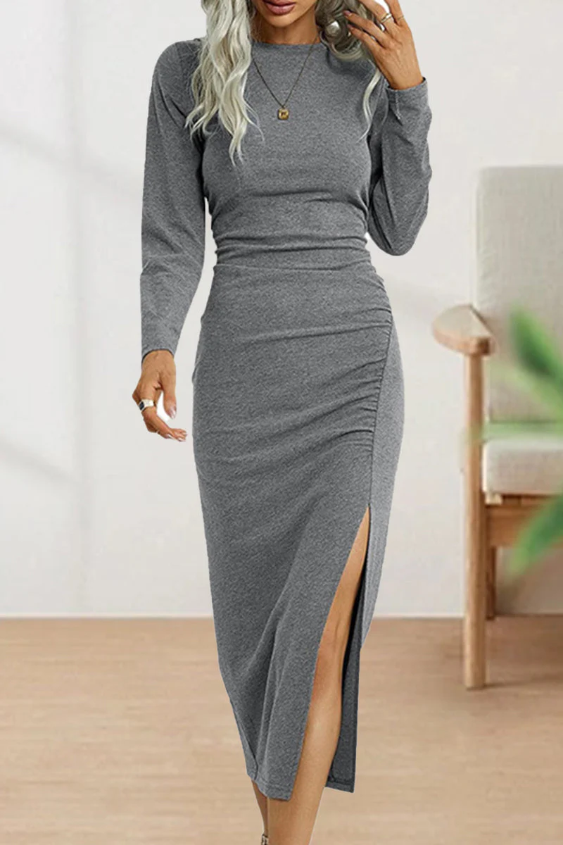 hulianfu Sweet Elegant Solid Fold O Neck Sheath Dresses(6 Colors) - Deanwangkt