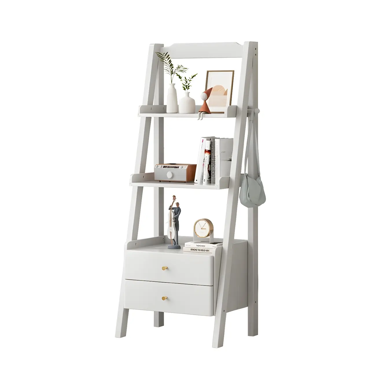 3-Tier Nut-Brown Wood Ladder Open Bookcase with Drawers