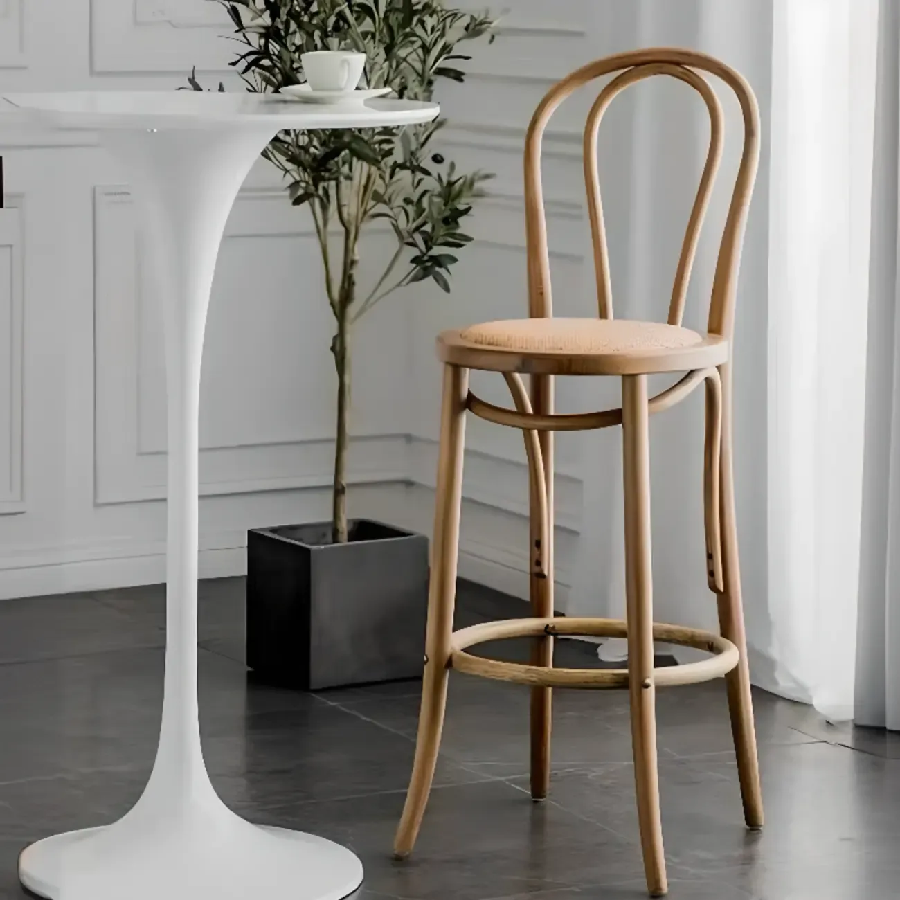 Walnut Beech Wood Leather Seat Bar Stools with Back