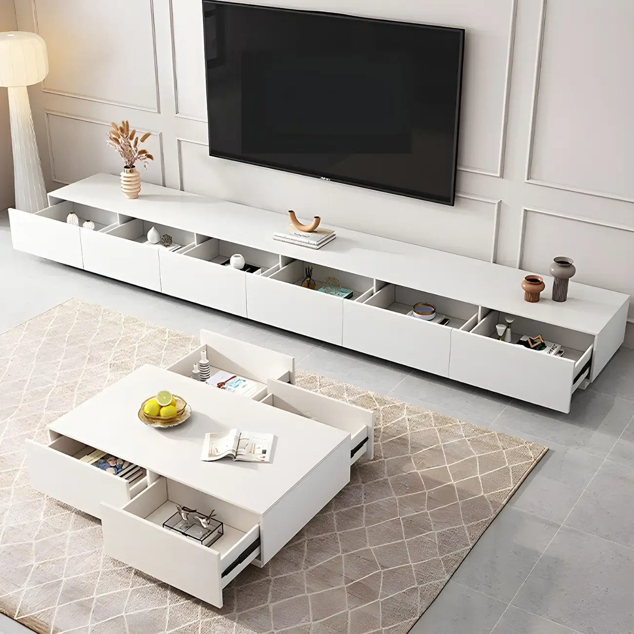 Modern Multi-Drawers Wood Rectangular TV Stand white