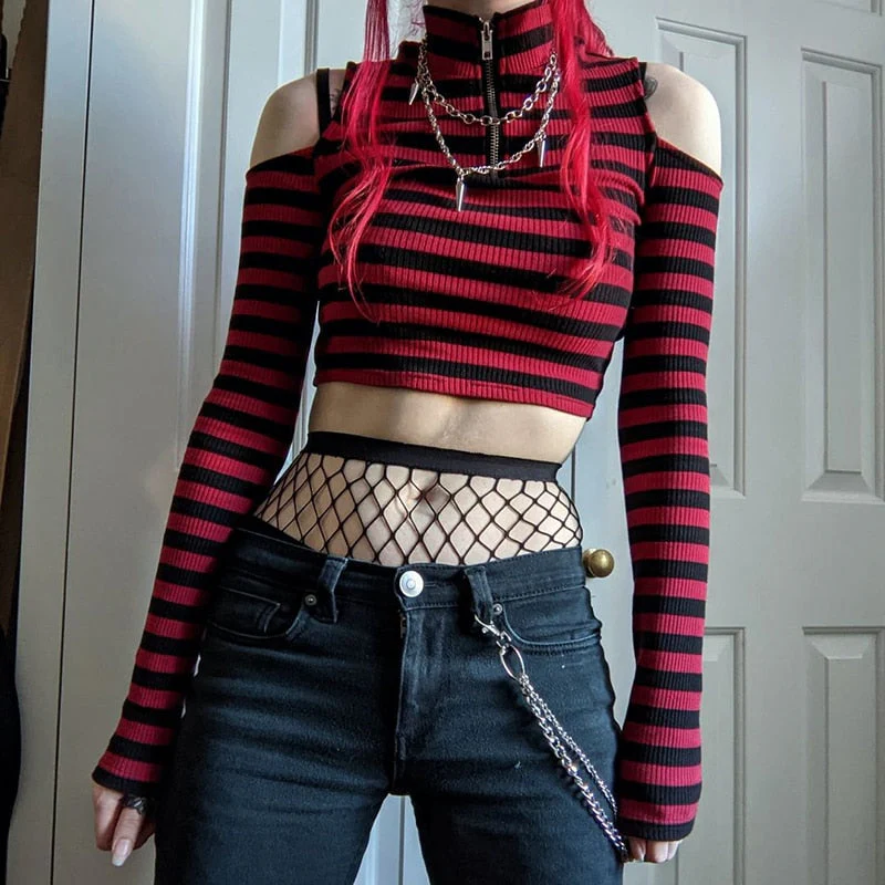 Hulianfu Gothic Mall Goth Striped Print T-shirt Hollow Out Slim Fit Turtleneck Crop Top E-girl Harajuku Grunge Emo Alt Tees Women Clothes - Deanwangkt