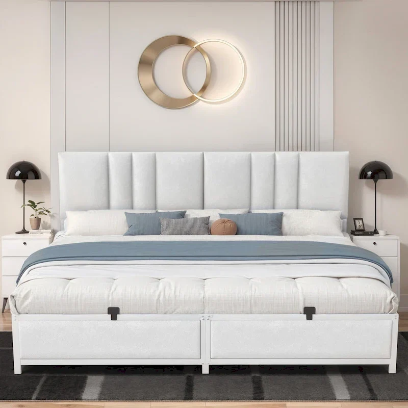 Platform Bed Frame with Ajustable Upholstered Headboard, Bed with USB Port and Charge Station