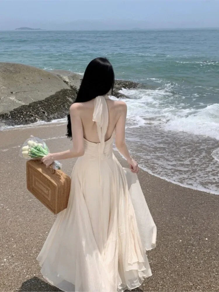 Summer Sleeveless Halter Long White Maxi Dress Elegant Tight Waist V-neck Beach Dress Robes Du Soir Evening Dresses Wedding Prom - Deanwangkt