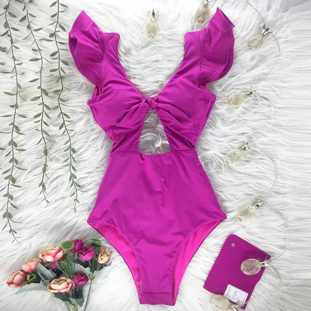New Sexy Ruffle Print Floral One Piece Swimsuit Off The Shoulder Swimwear Women Solid Deep-V Beachwear Bathing Suit Monkini - Deanwangkt