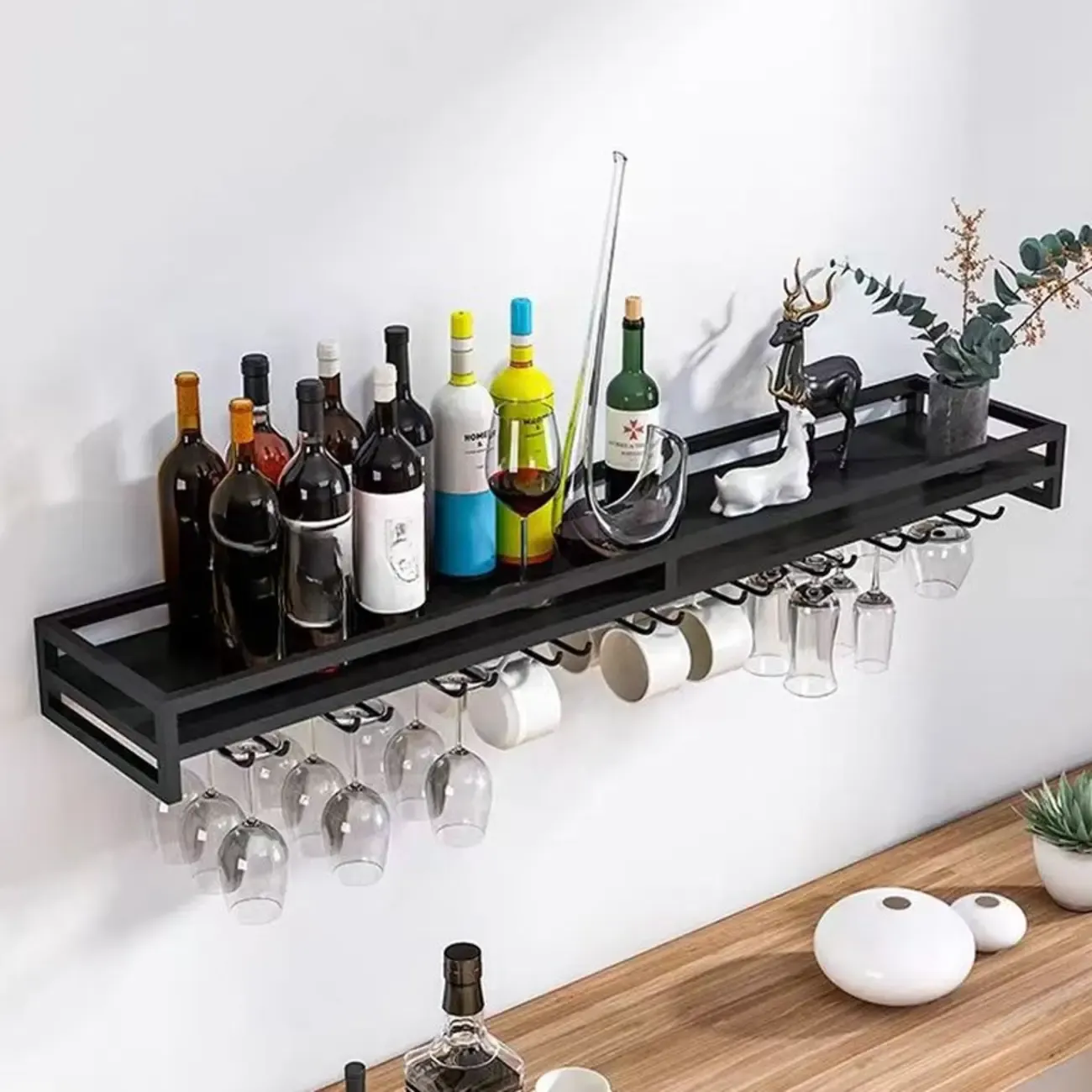 Metal Wall Mount Wine Rack and Glass Holder with Glass Rack Shelf