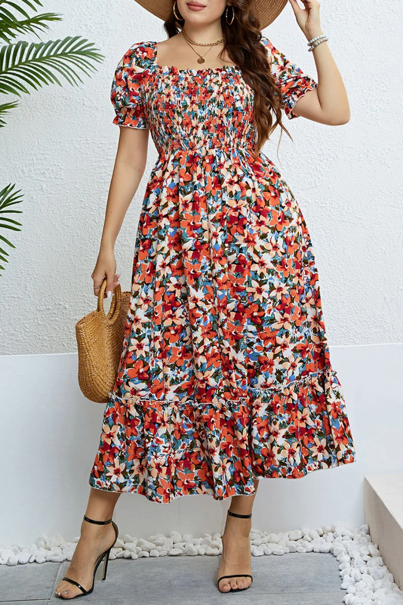 hulianfu Casual Print Patchwork Square Collar Short Sleeve Dress Plus Size Dresses - Deanwangkt