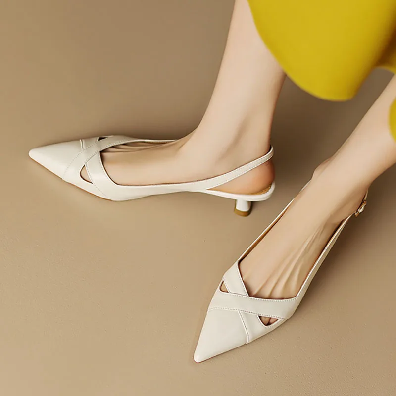 New Women Sandals Mid Heels Pumps Pointed Toe Slingblacks Woman Dress Shoes Cut Outs Leather Shoes Summer Sandalias Mujer 1475N - Deanwangkt