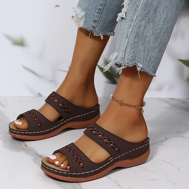 Women's Sandals Slippers Wedge Sandals Comfort Shoes Comfort Sandals Casual Daily Beach Summer Spring Cut Out Embroidery Wedge Heel Round Toe Casual Minimalism Synthetics Loafer Solid Colored Wine - Deanwangkt