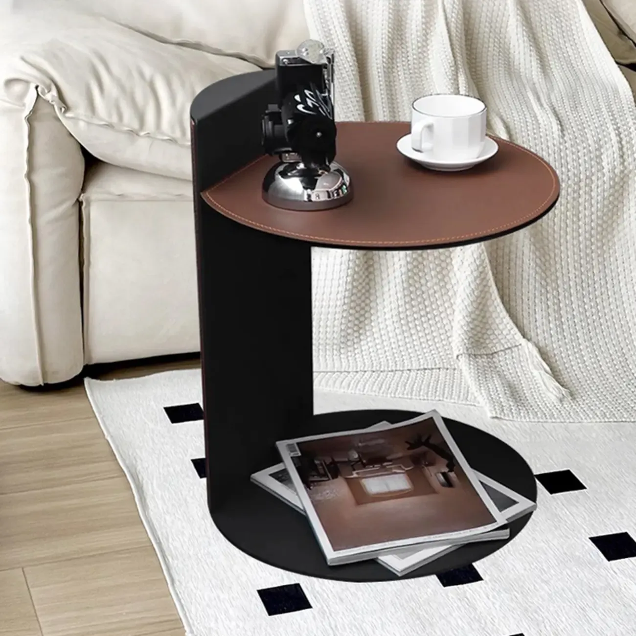 Comtemporary Leather Top C Side Table with Metal Base