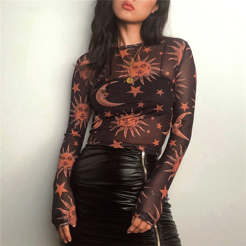 Hulianfu Sun Moon Printed Transparent Mesh Sexy T-Shirt Women O-Neck Long Sleeve Slim Basic Casual Female Tops Spring New - Deanwangkt