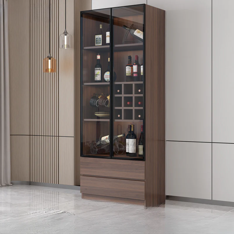 Traditional Wooden Brown Floor Wine Cabinet with Doors