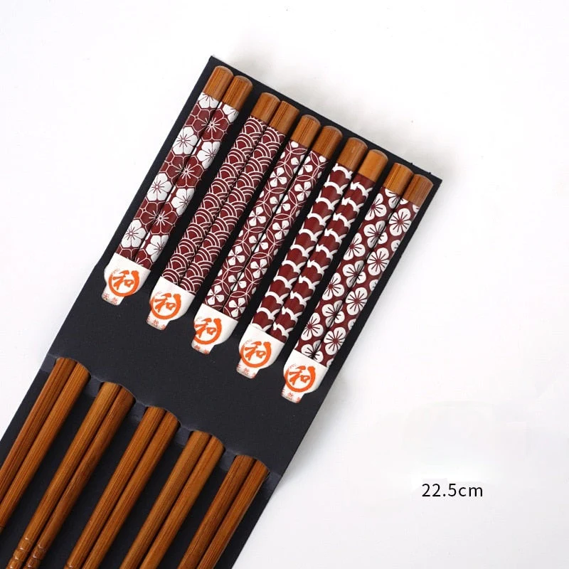 HULIANFU Reusable 5 Pair Set Handmade Bamboo Japanese Natural Wood Chopsticks Sushi Food Cat Flower Multi color Wooden Chop sticks - Deanwangkt