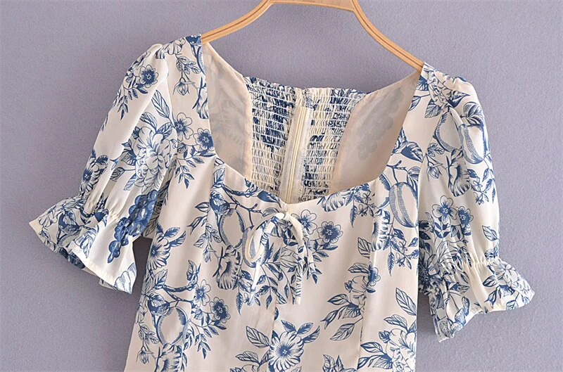 Hulianfu French Vintage Square Collar Puff Sleeve Folds Lace-Up Shirt Zipper Female Floral Print Summer New Fashion Crop Tops Women - Deanwangkt