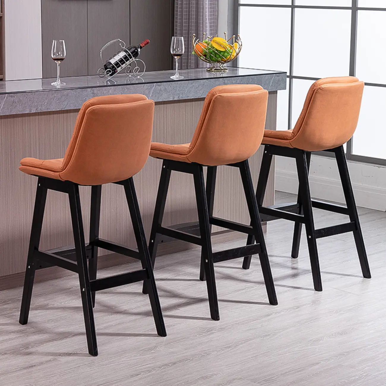 Scandinavian Wood Frame Leather Ergonomic Bucket Bar Stool