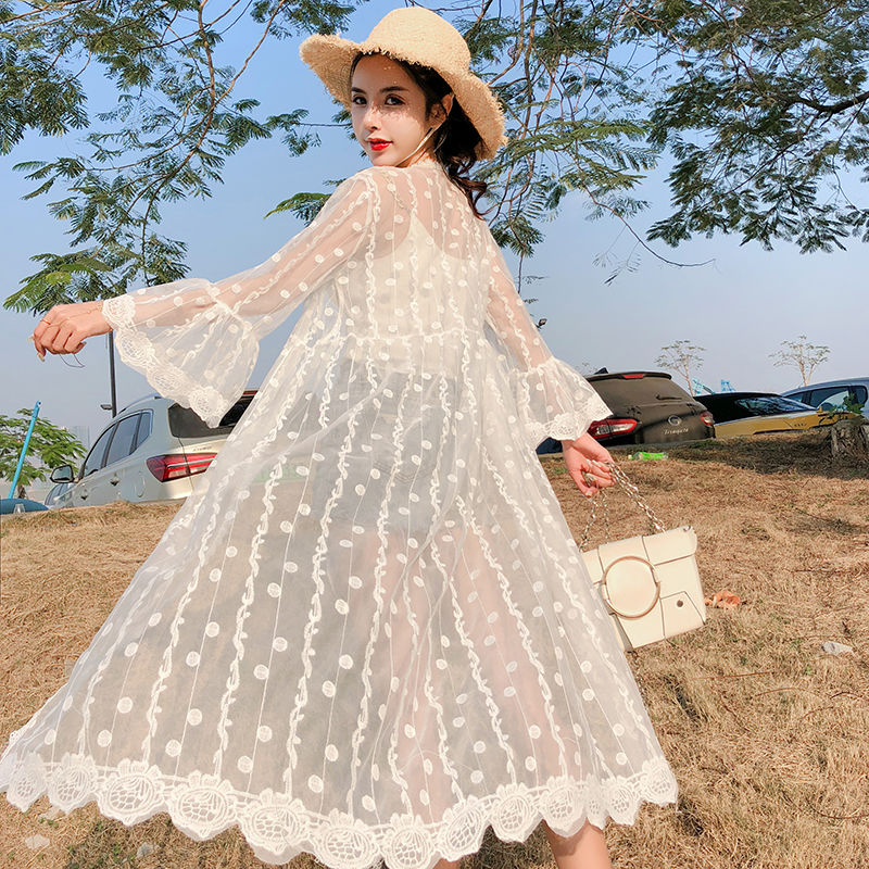 Hulianfu Women Blouse Sun Protection Outerwear Fashion Long Flare Sleeve Mesh Embroidery Thin Loose Party Holiday Maiden Outerwear Sexy - Deanwangkt