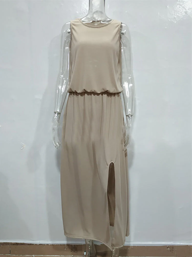 hulianfu Summer Solid Long Dress Women Casual Sleeveless Elastic Waist Side Slit Maxi Dresses Female O-Neck Loose Tank Dress Sundress - Deanwangkt