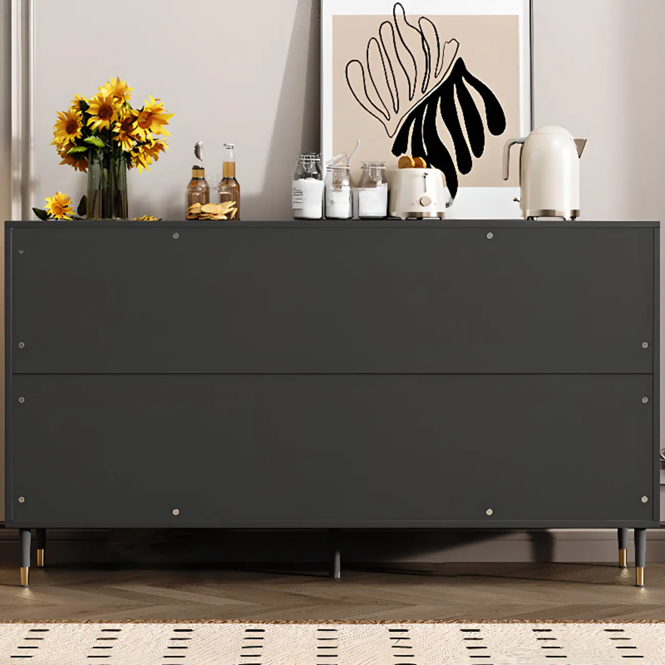 Traditional 3-Layer Rattan Wooden Black Sideboard Cabinet