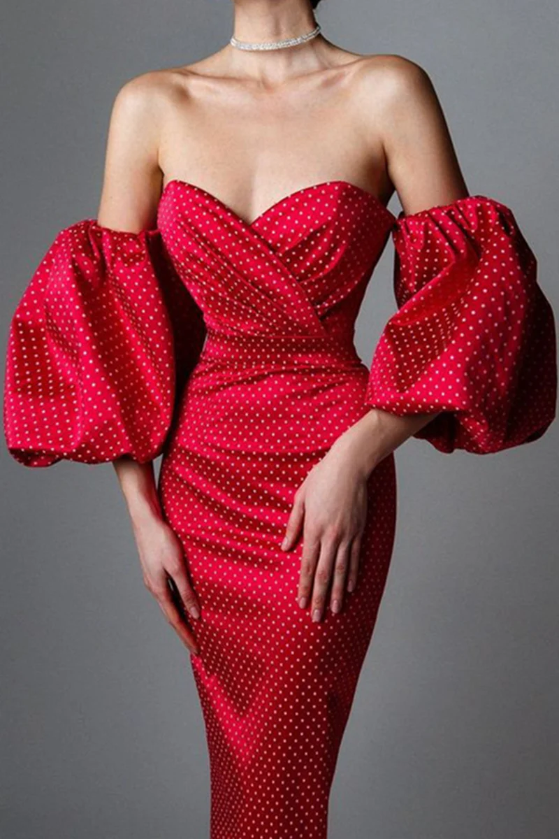 hulianfu Fashion Elegant Polka Dot Slit Fold Strapless Pencil Skirt Dresses - Deanwangkt