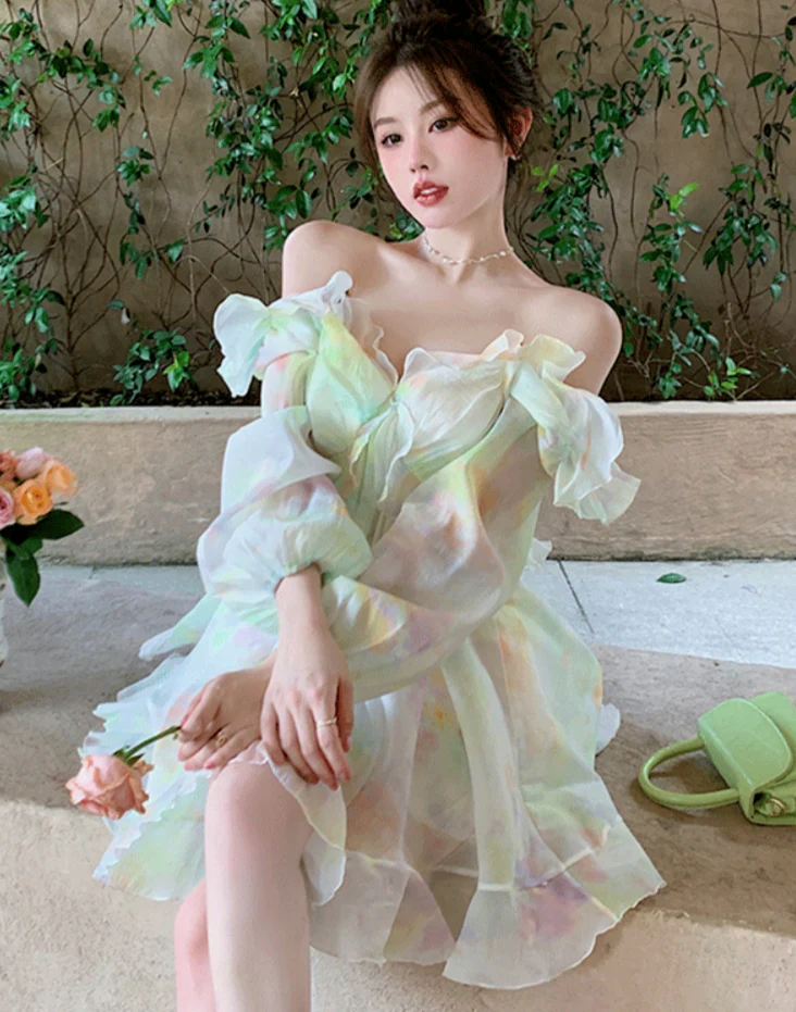 Hulianfu France Sweet Tie-dyed Fairy Dress Women Elegant Chic Ruffles V-Neck Long Sleeve Princess Dresses Female Casual Beach Vestidos - Deanwangkt
