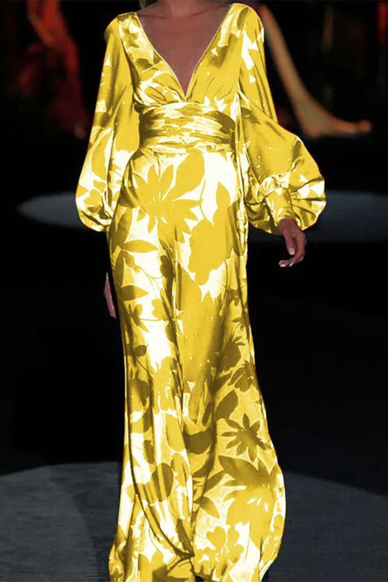 hulianfu Elegant Print Printing V Neck Cake Skirt Dresses(3 Colors) - Deanwangkt