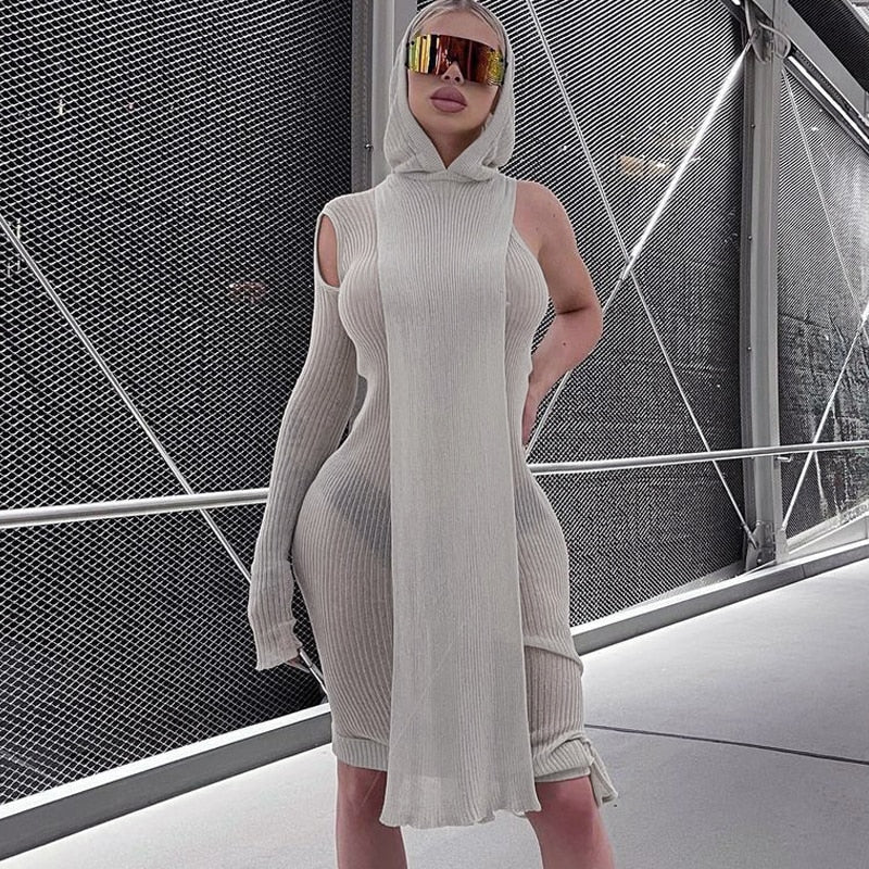 Fall Spring Clubwear Tight Dress One Sleeve Knit Asymmetric Midi Dresses Skinny Ribbed Hooded Streetwear Baddie Clothes - Deanwangkt