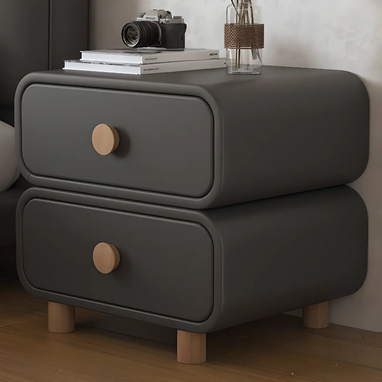 Pleather Scandinavian Nightstand With Faux Leather Finish