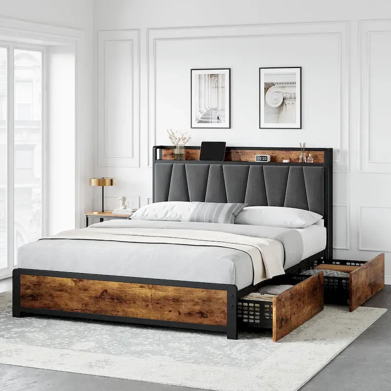 Bed Frame with 4 Storage Drawers and Linen Upholstered Headboard