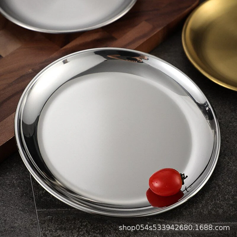 HULIANFU Korean stainless steel thickened disc Golden Cafe Tray Fruit Plate Cake Plate Bone Dish Dish Dish Shallow Plate - Deanwangkt