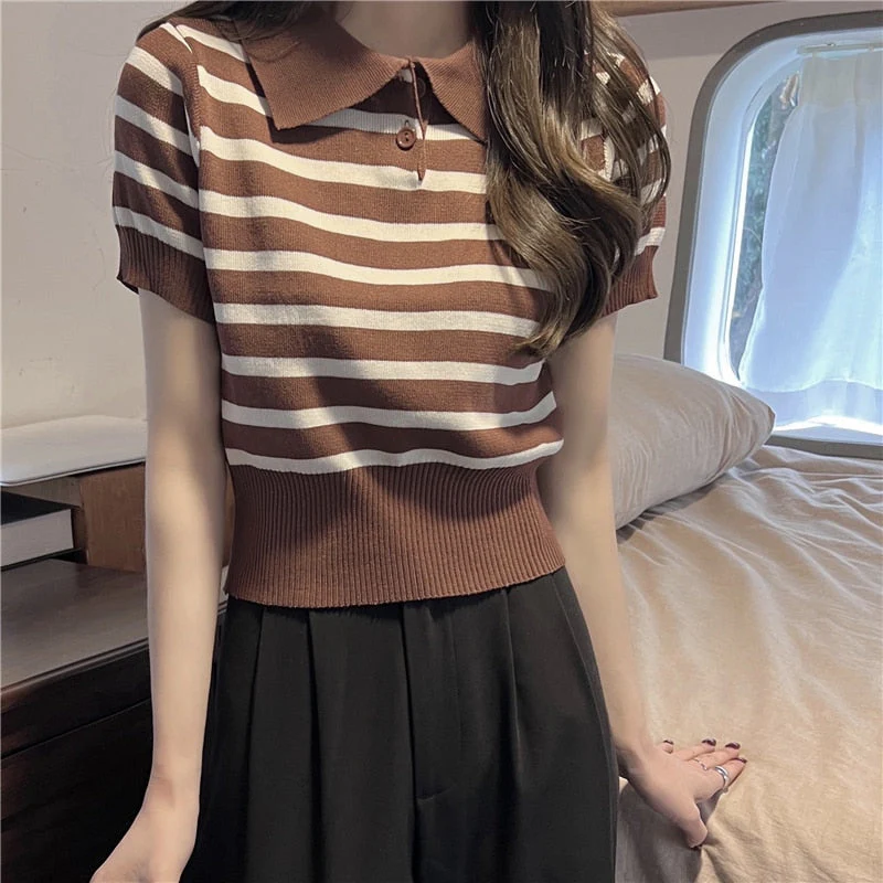 Hulianfu Summer Vintage Striped Polo Collar T Shirts Women's Knitted Short Sleeve Thin Cropped Tshirt Crop Top For Slim Girls - Deanwangkt