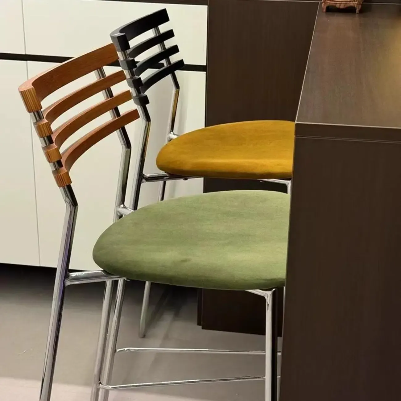 Green Leather Saddle Seat Rattan Back Counter Height Stools