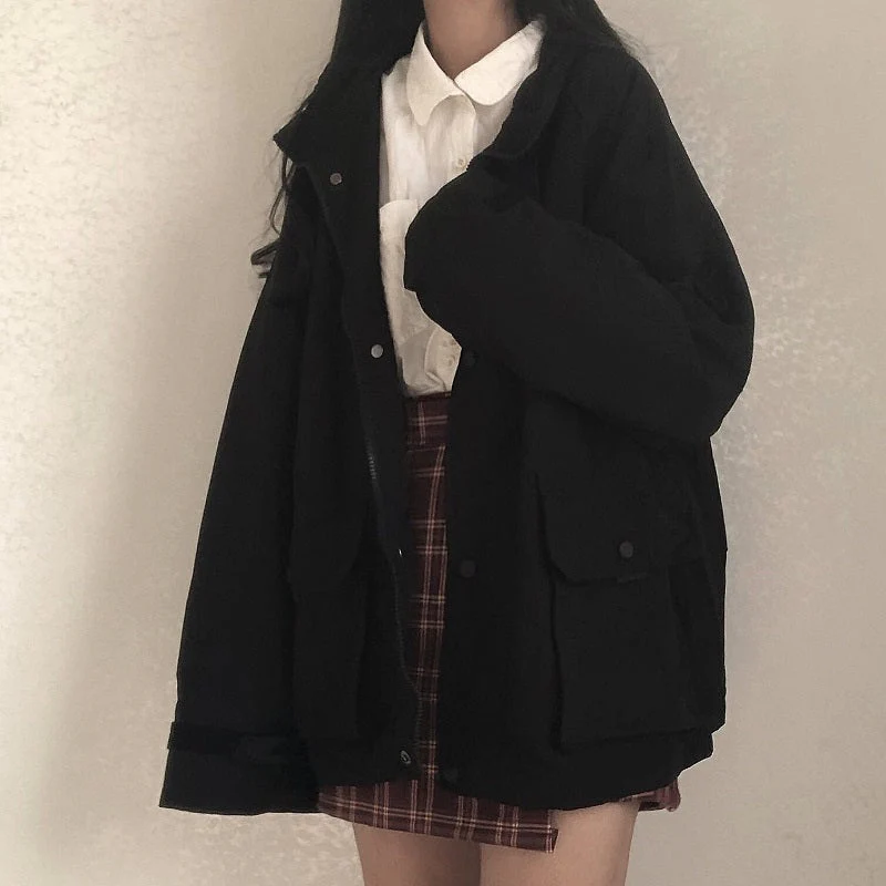 Basic Jackets Women Chic All-match Retro Solid Zipper Design Ulzzang Lovely Fashion Teens Overcoats Daily Vintage Womens Outwear - Deanwangkt