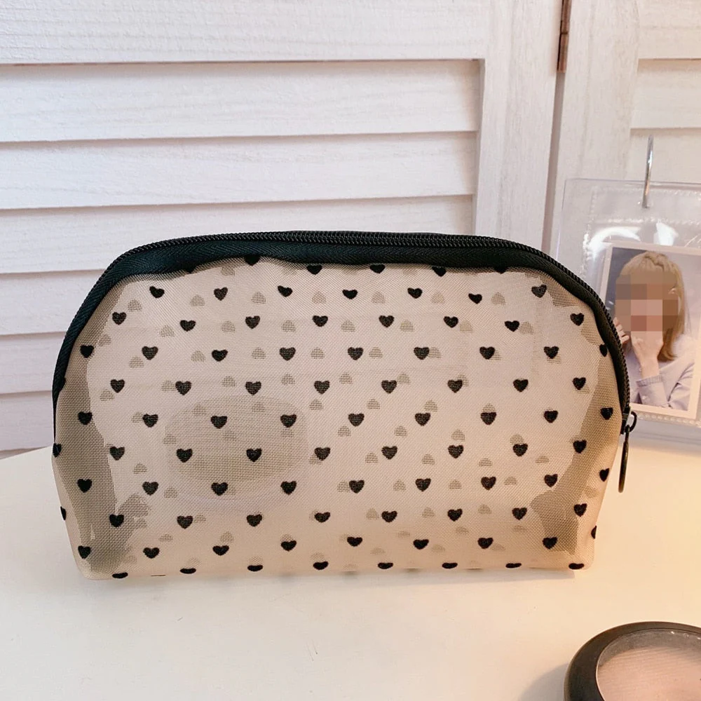 HULIANFU Mesh Cosmetic Makeup Bags Case Holder Cute Transparent Zipper Black Heart Printed Pencil Pen Case Pouch Convenient To Carry - Deanwangkt