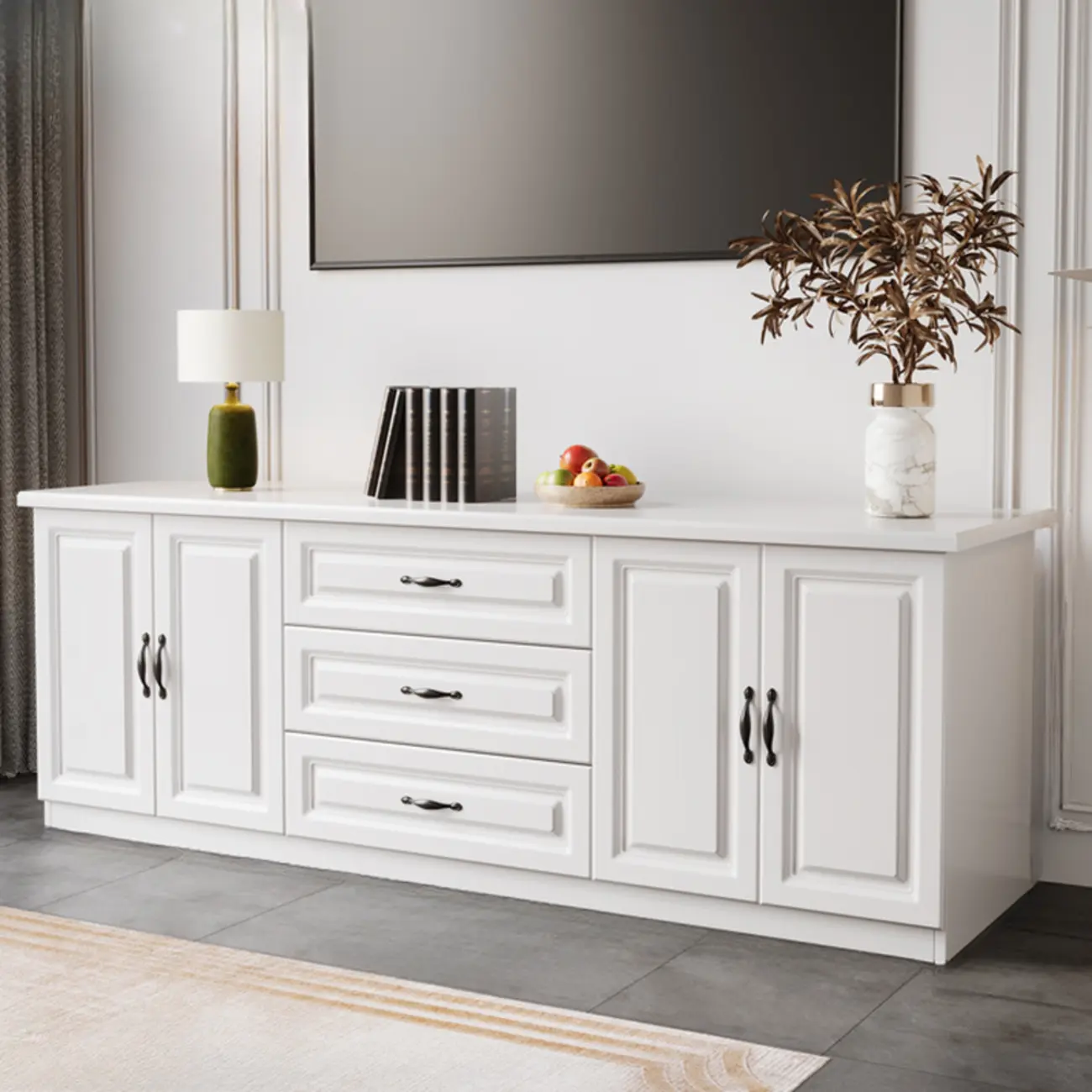 Modern Long Wood TV Stand with Cabinets